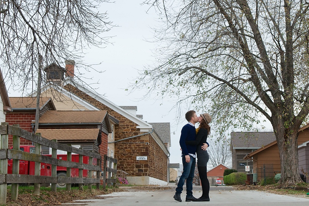Rachel and Jesse share moments during their engagement session in the Amana Colonies.