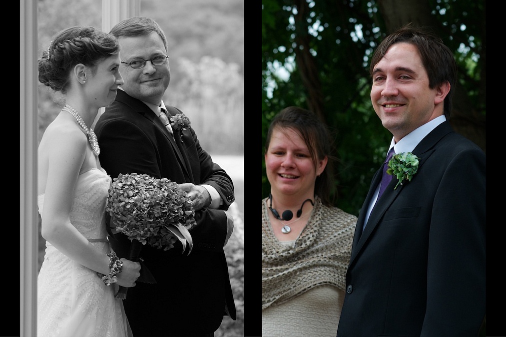 Meagan and Joel at the start of their wedding ceremony at the Gazebo on the Green in Iowa City.