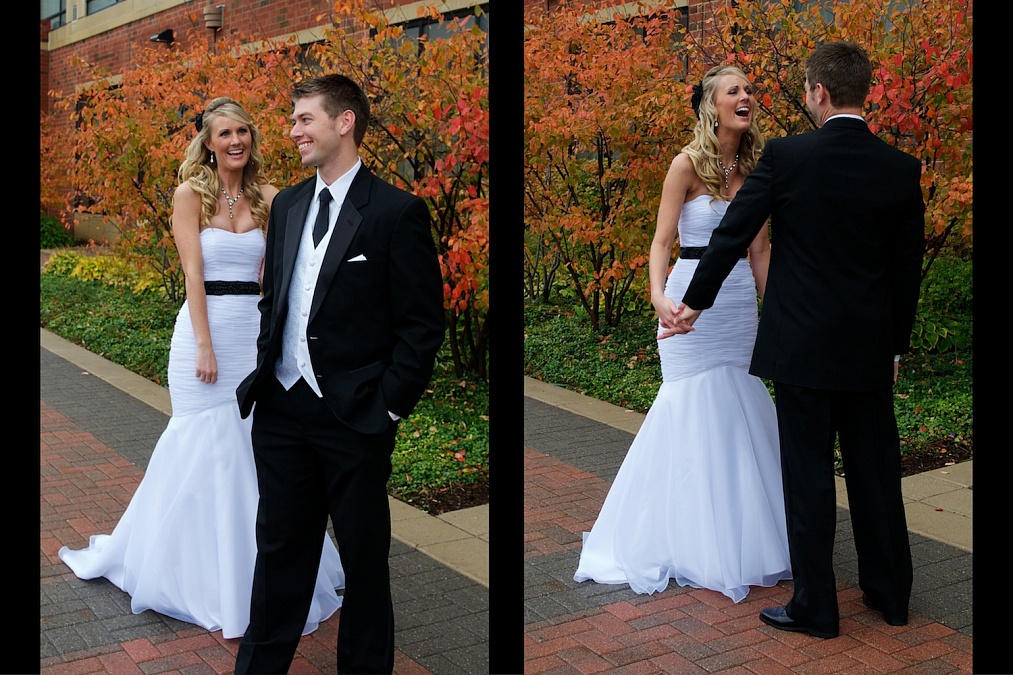 The couple shares their first look of each other on their wedding day at the Marriott in Coralvile.