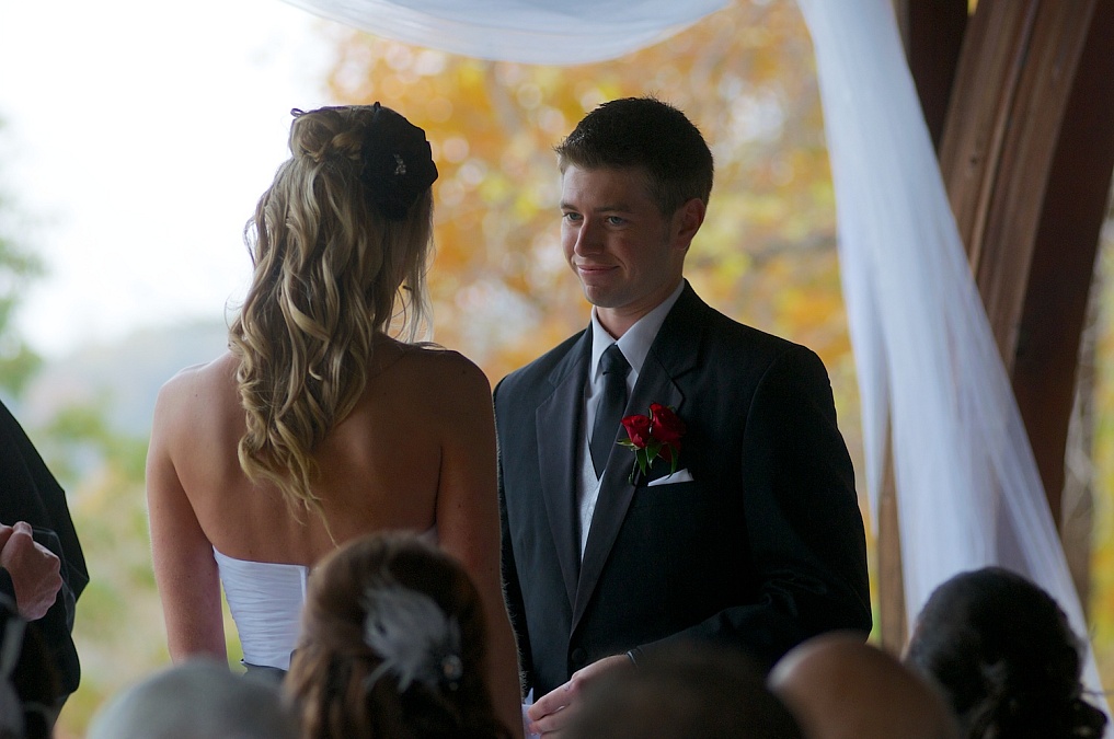 The fall wedding ceremony takes place at F.W. Kent Park in Johnson County, Iowa.